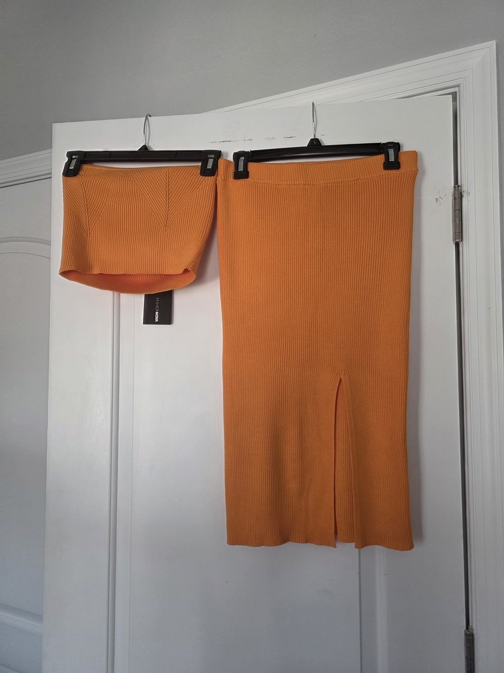 Orange Ribbed Bandeau Top And  Midi Skirt with Front Slit - Women
